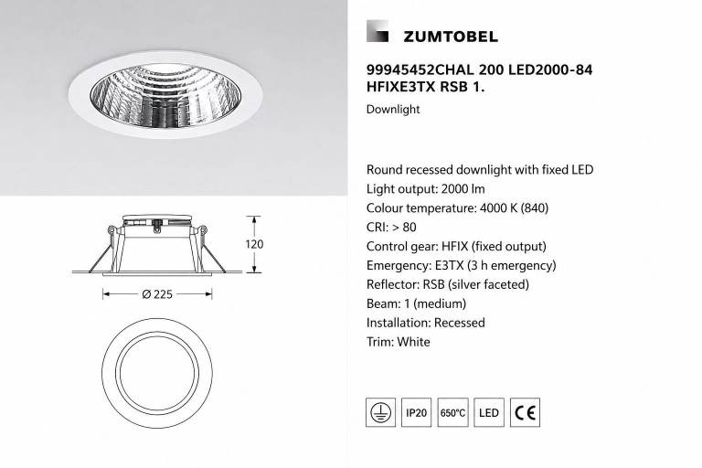 Zumtobel CHAL 200 LED Recessed Downlight, 2000lm, 4000K, Emergency, White (1 available)