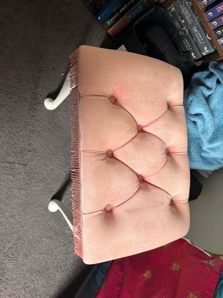 Lovely Pink Velvet Footstool with Tufted Top and Fringed Edge
