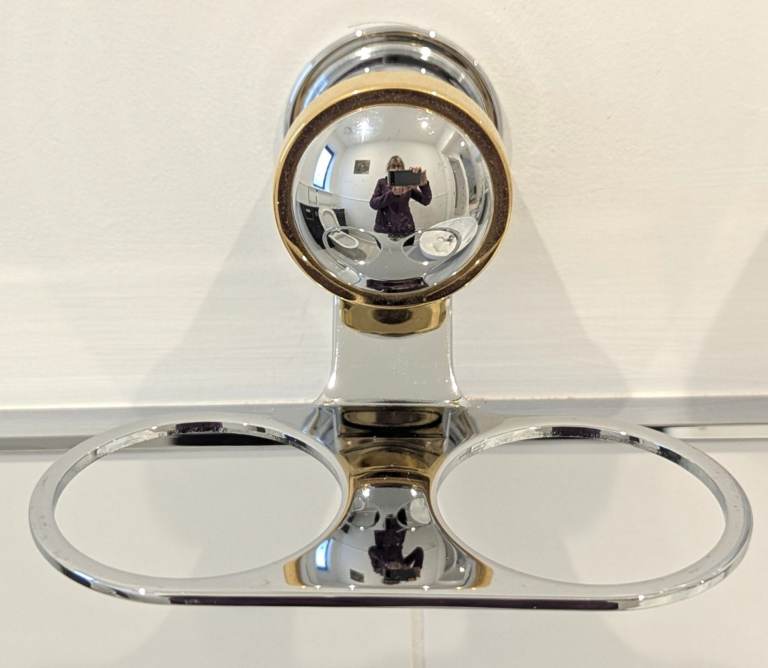 KEUCO APOLLO 2 GLASS TUMBLERS CHROME HOLDER GOLD TRIM 14cm W x 11cm D x 9.5cm H