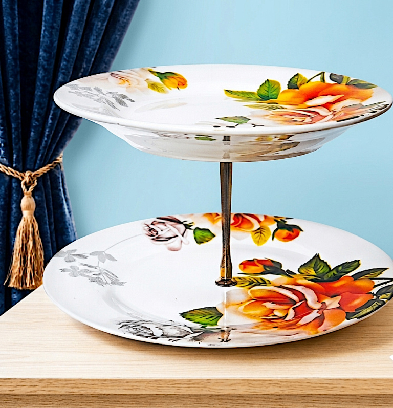 PREMIER PORCELAIN CAKE STAND - TWO TIER - MULTI-COLOUR 27 x 11 cm tall VERY GOOD