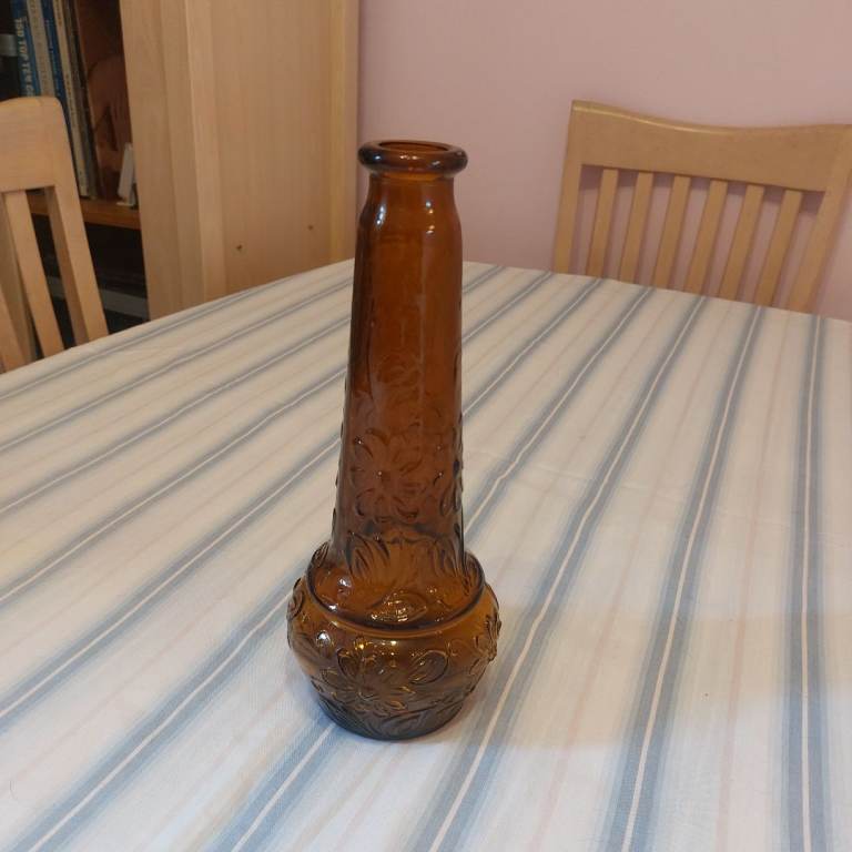 Vintage Dabs Portugal Amber Glass Bottle Vase - Floral Design