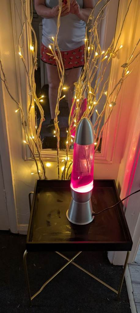 Lava lamp, and Sprayed red and Silver string lights