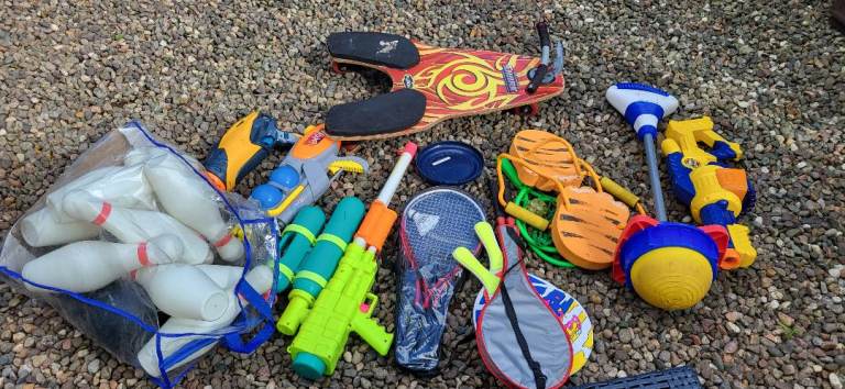 Kids Outdoor Toys Bundle – Scooters, Skittles, Water Guns & More