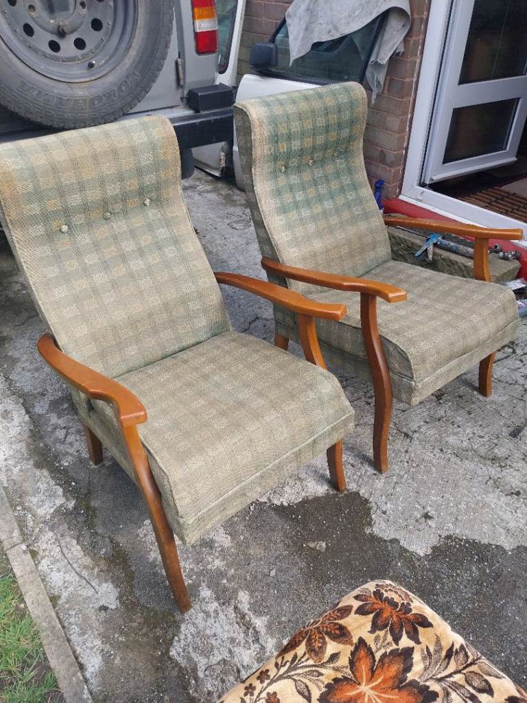 Pair of Vintage Fabric Armchairs with Wooden Arms