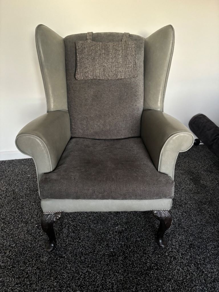 Grey wing back Queen Anne arm chair 
