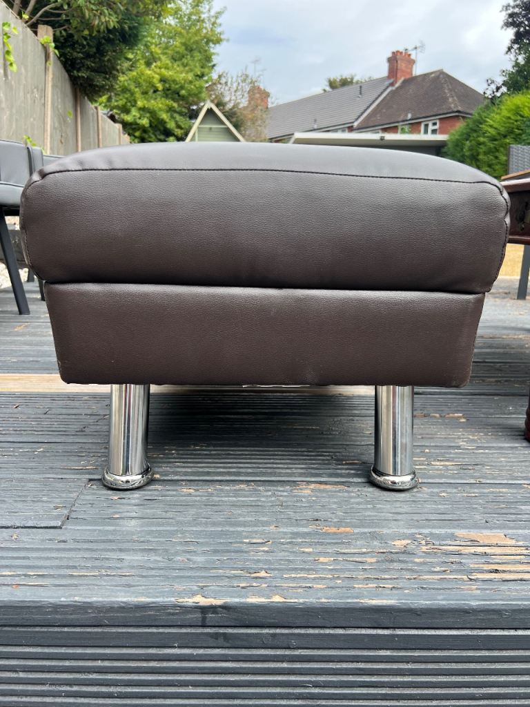 Brown Faux Leather Footstool with Chrome Legs – Good Condition