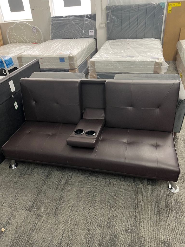 Chocolate Brown Faux Leather Bluetooth Click Clack Sofa Bed with Drink Cup Holder