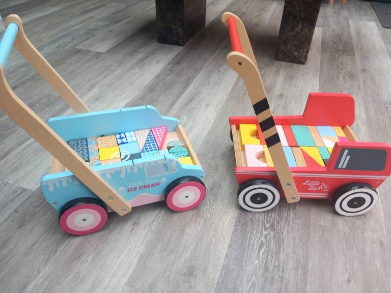 Wooden Little Town push along Trolley with coloured blocks