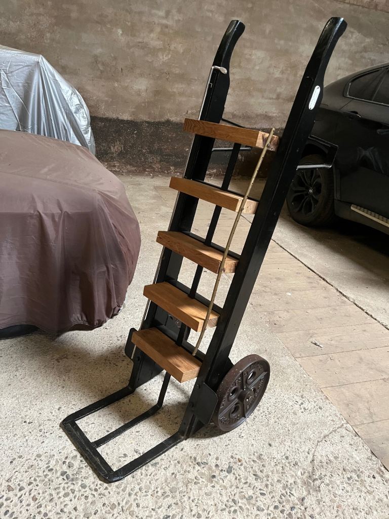 Vintage railway sack luggge truck trolley now shelving cd bookcase