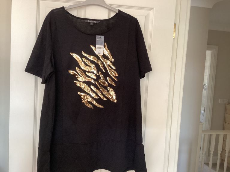Bonmarche Black Top with Gold Sequin Detail, Size M, New with Tags