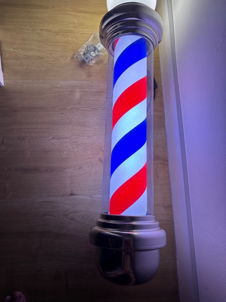 Gabri Barber Pole Light with Rotating Red White Blue Stripes, LED Open Sign,