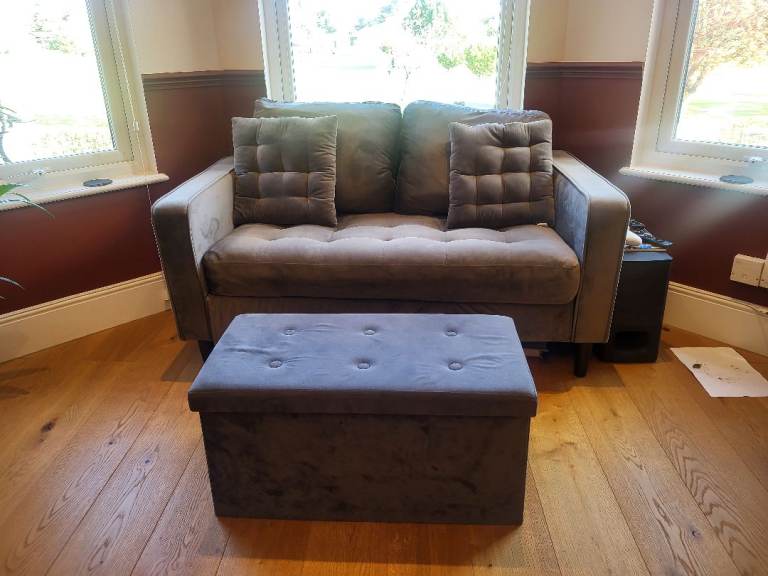 Grey 2 Seater Sofa with Storage Ottoman 