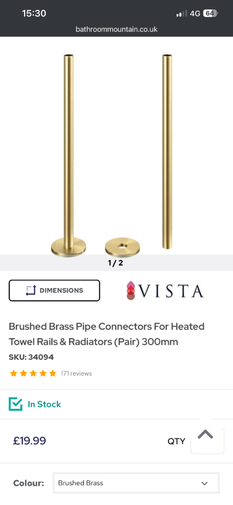 VISTA Brushed Brass Pipe Connectors - 300mm (Pair)