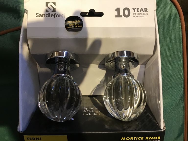Sandleford Terri glass,polished chrome mortise doorknob on rose set, Beautiful Quality 1 set