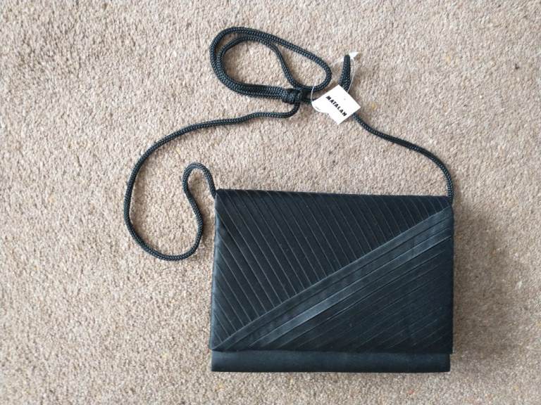 EVENING BAG with shoulder strap. Black, satin-look polyester. New, unused, still tagged.