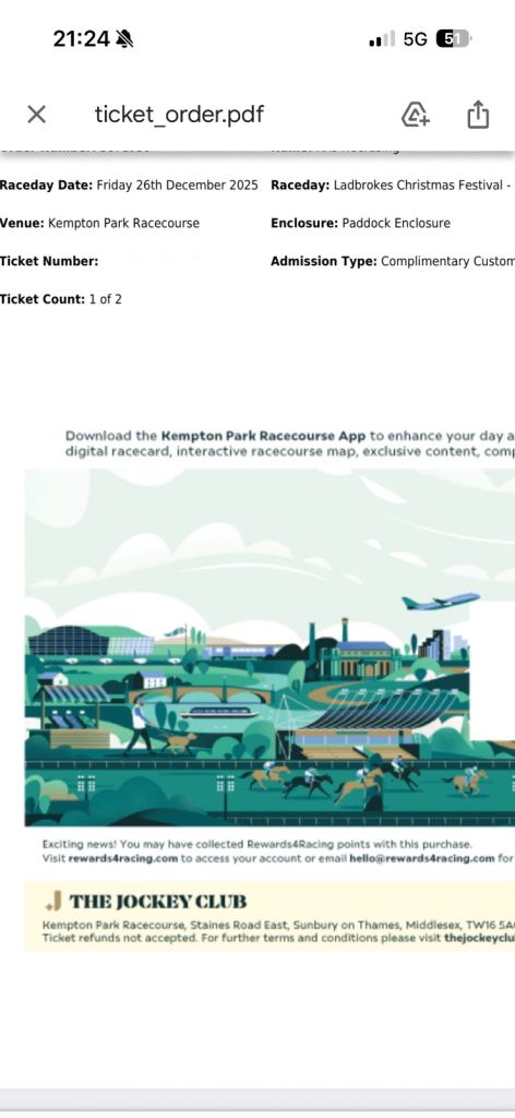 Tickets for Boxing Day racing Kempton (SOLD) 