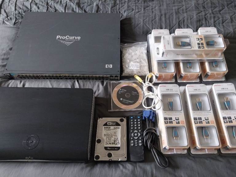 Joblot of Computer Accessories: HP 48 Port POE Switch, Sky+HD, USB3.0 Cables