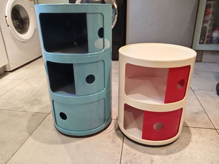 1960s Kartell Componibili 2-Tier Side Table Sliding Doors White and Red