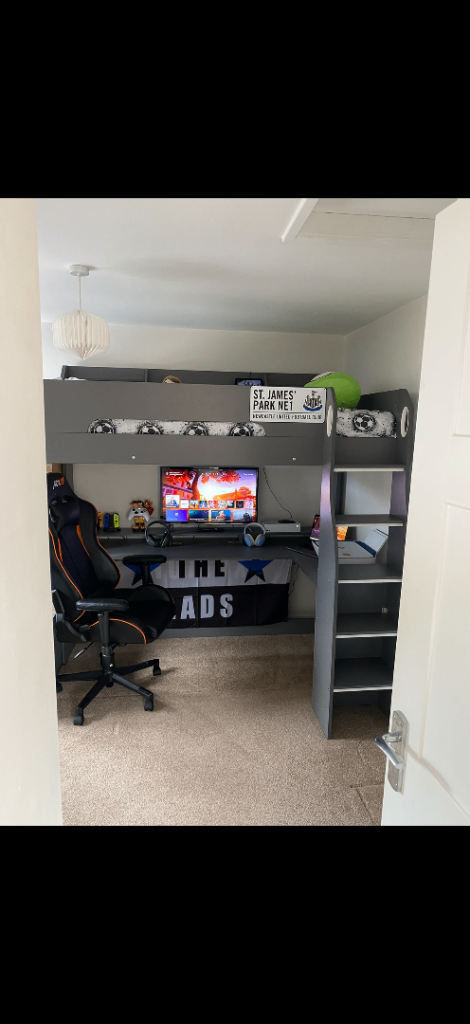 Grey Wooden High Sleeper Bed with Desk and Shelves – Good Condition