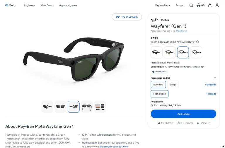 Ray-Ban Meta Wayfarer Gen 1 RW4006 – Matte Black Frame – Transitions Lenses 