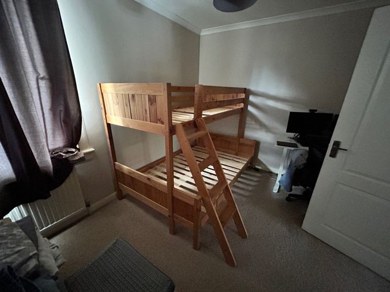 Solid Pine Wooden Triple Sleeper Bunk Bed Frame - 3ft Single Top and 4ft Small Double Bottom
