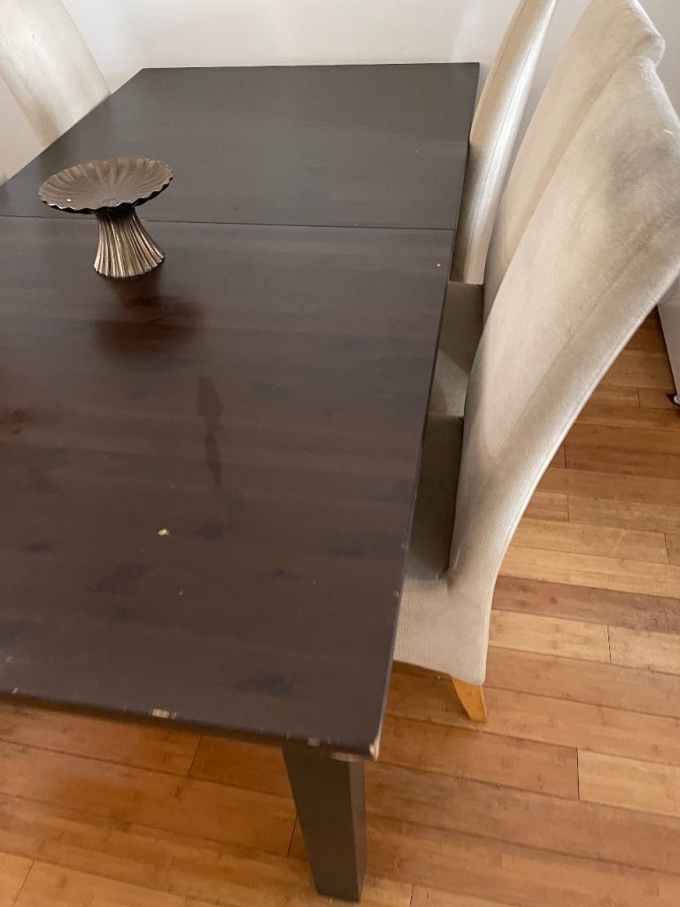 Dark Wood Dining Table with 6 John Lewis Upholstered Chairs – Good Condition