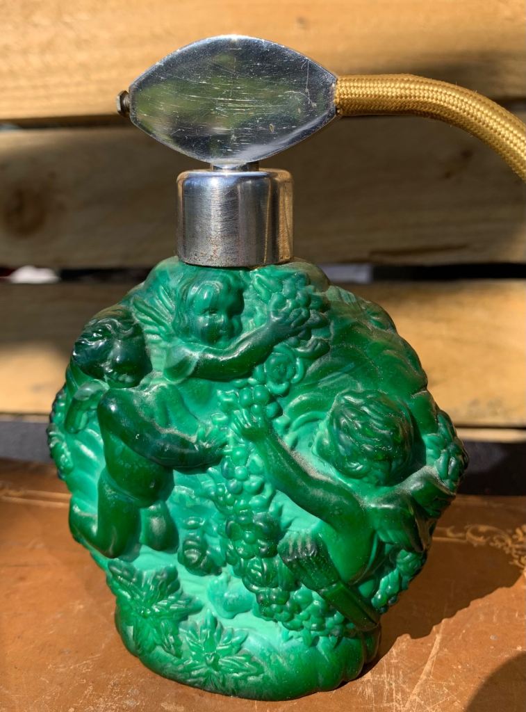 Rare Antique Art Deco Malachite Glass Putti Perfume Scent Bottle