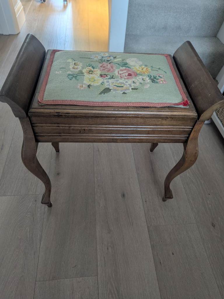 Vintage Wooden Sewing Box / Stool with Embroidered Top