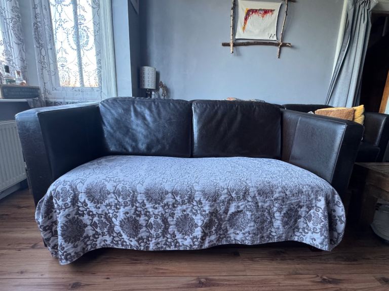 Large 2/3 Seater Brown Leather Sofa