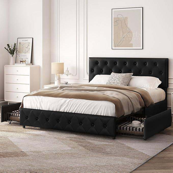 5ft King Bed Frame Upholstered Platform Bed with Adjustable Headboard and 2 Drawers Storage,Black