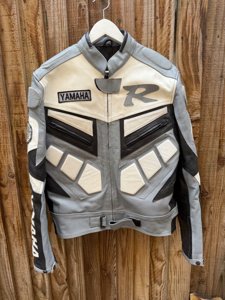 Yamaha Style Racing Biker Leather Jacket Size Medium Grey Black Cream Motorbike