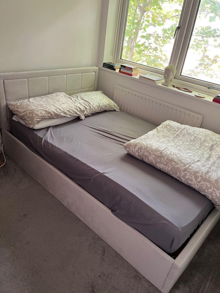 Small Double Ottoman Bed with Upholstered Headboard – Grey Fabric 