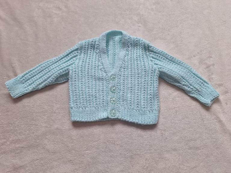 Turquoise Hand Knitted V Neck Baby Cardigan Size Newborn 