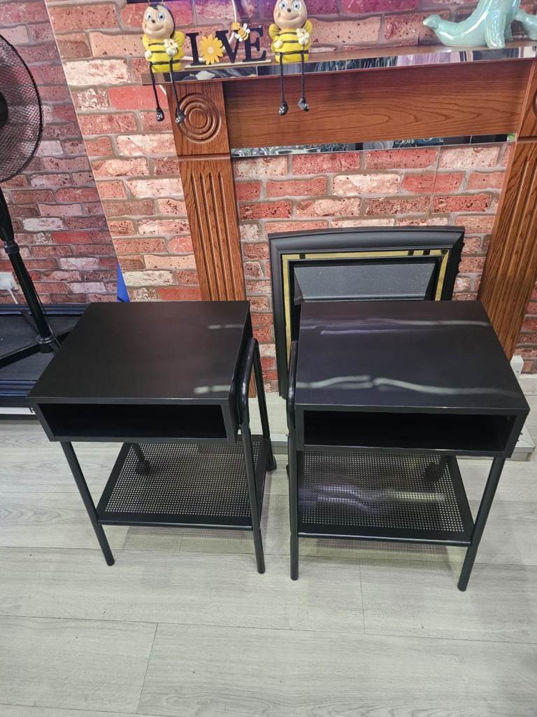 Pair of Black Bedside Tables with Storage Shelf