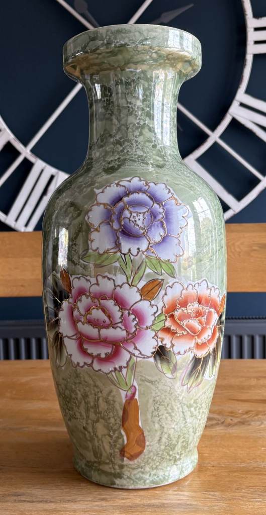 Large Oriental Style Ceramic Floor Vase Green Marble Effect Peony Flowers