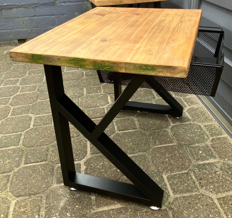 Industrial Style Solid Wood Bedside Table with Mesh Basket