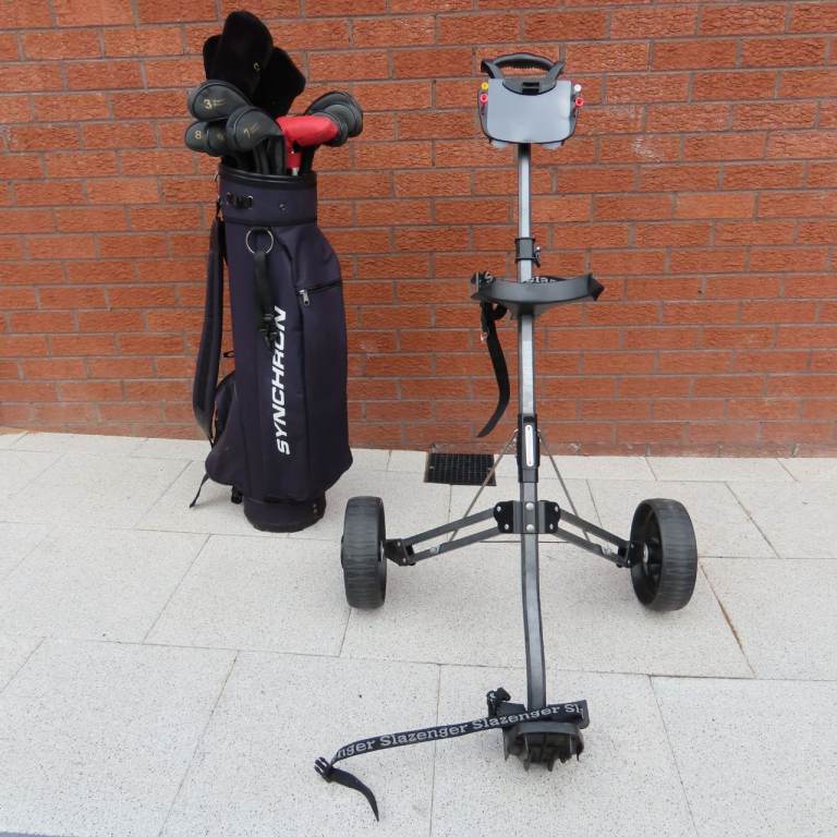Set of Graphite Golf Irons and Woods, Bag, Trolley, Balls, Glove, Club Covers and Tees