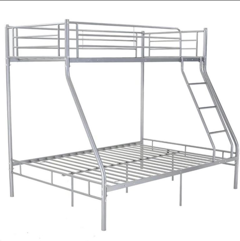Metal Bunk Bed with Double Bottom – Silver, Good Condition