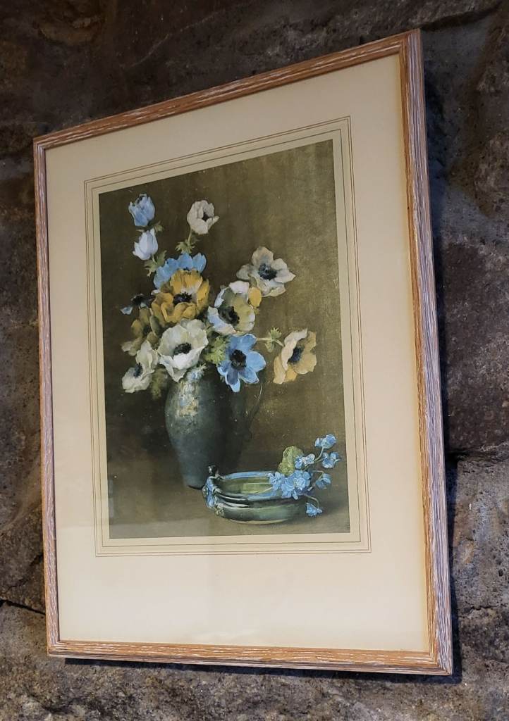 Framed floral print of still life oil painting by artist Guy Beland featuring a bouquet of flowers 