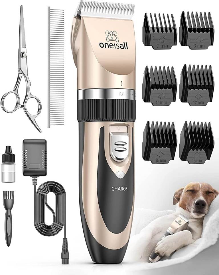 oneisall Cordless Dog Clippers Low Noise Grooming Kit 6 Guards Gold