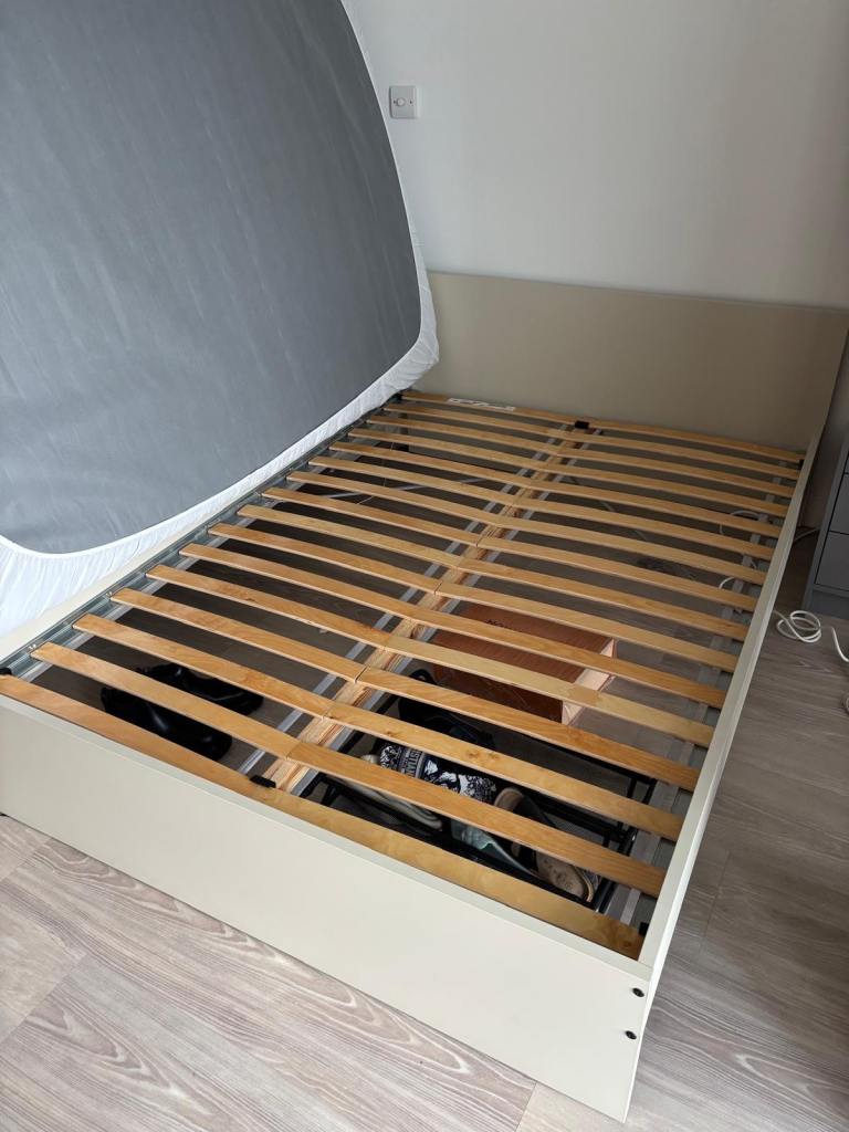 Double Bed Frame with Slatted Base – Beige, Good Condition