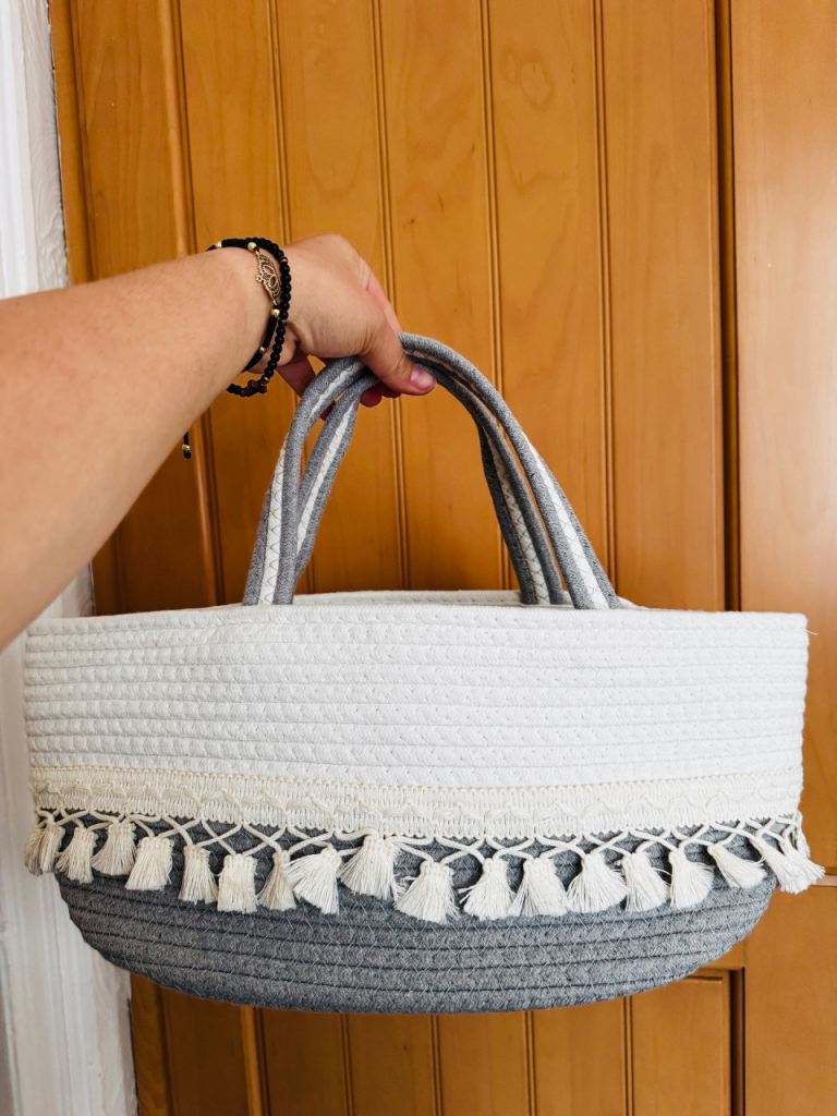 Stylish Grey & White Woven Storage Basket with Handles