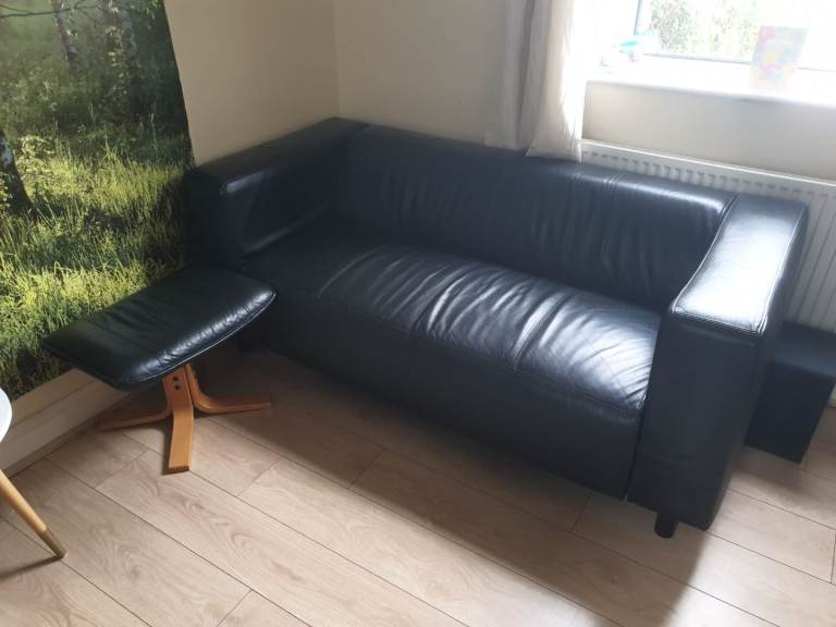 Black Leather Sofa with Matching Footstool – Good Condition