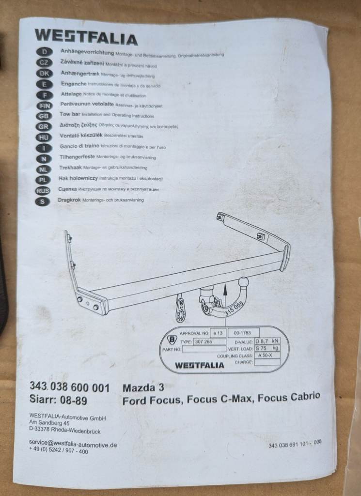 Towbar Mazda 3 2003-2014, Ford Focus 2003-2013, Focus C-Max 2007 - 2010 Westfalia Detachable