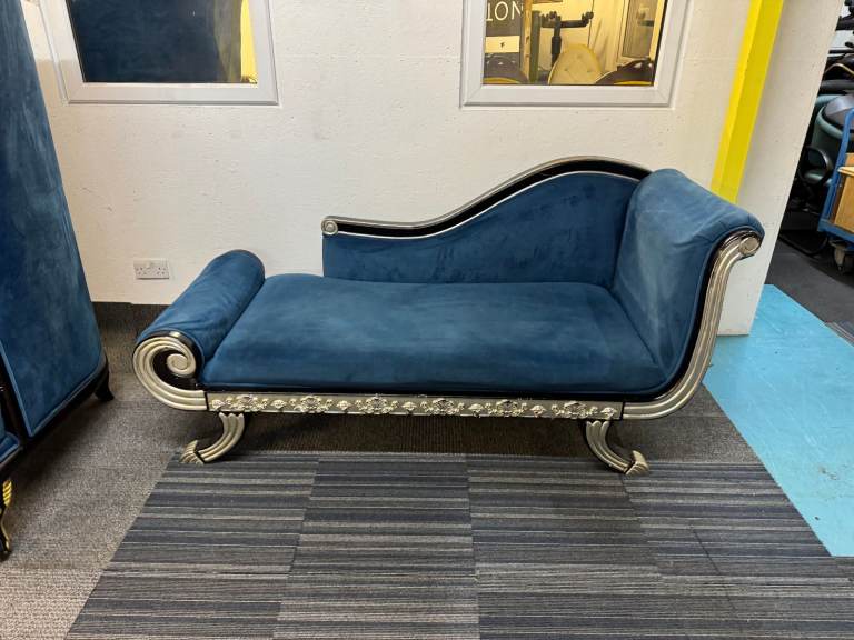 Decorative Blue Wedding chair sofa French Empire style scroll end chaise lounge