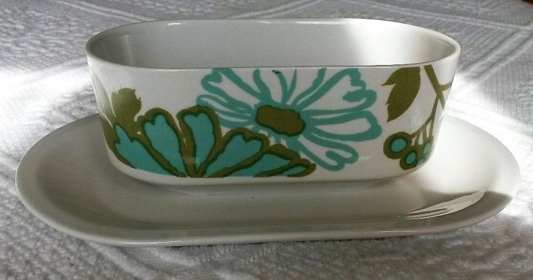 VINTAGE VILLEROY & BOCH GRAVY BOAT CROCKERY TABLEWARE Turquoise Green White Floral Collectors Retro 