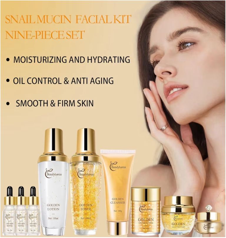 Beautyturess Luxury 9 Piece Skincare Set Golden Lady Hypoallergenic Moisturize