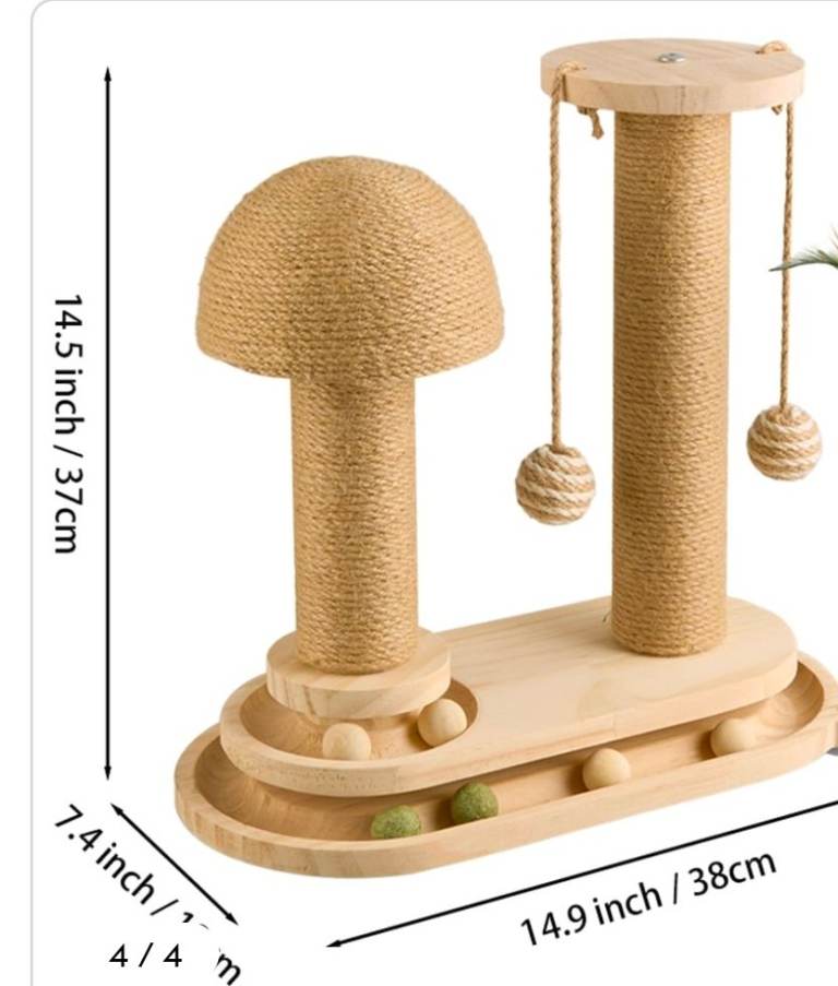 A new already built wooden cat scratching posts with balls .