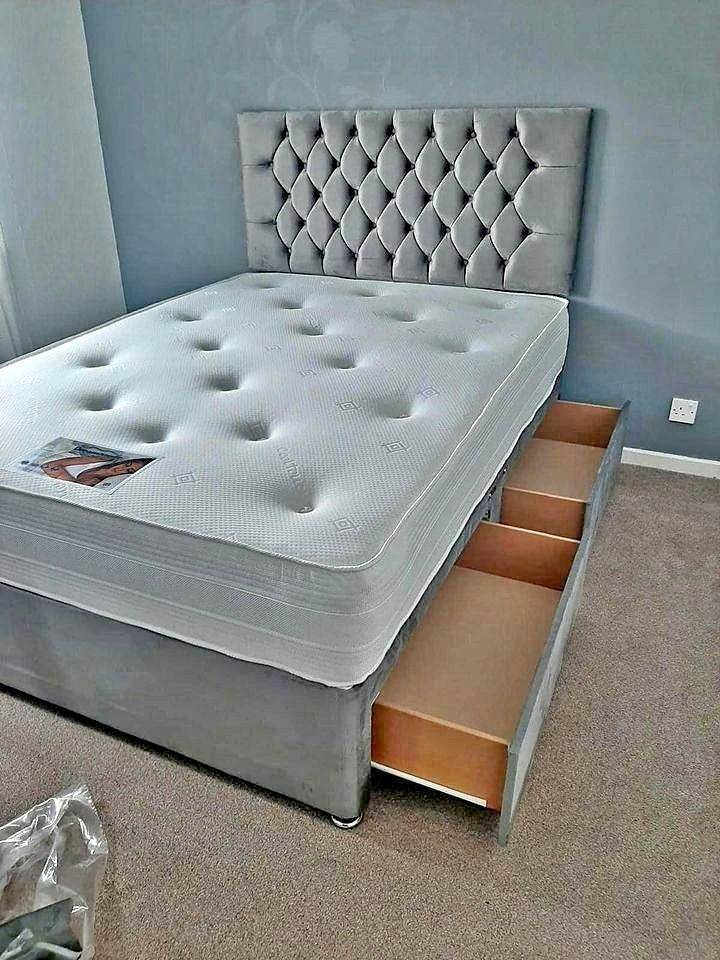 🌈🌈Black, Grey & Cream 🌈🌈New Double & King Plush Velvet Divan Beds,Opt Headboard Drawers ]]]
