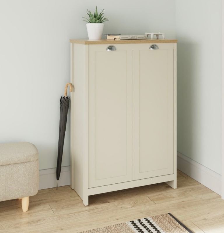  Cream Shoe Storage Cabinet with Wooden Top – Like New